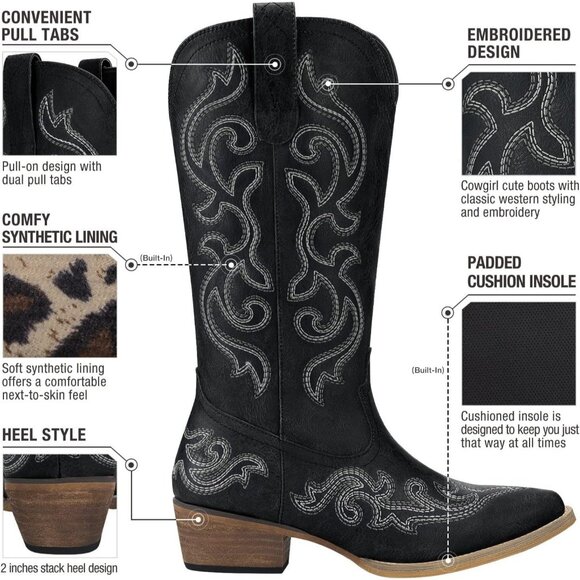 ⚡Women Metal Black Synthetic Leathers Cowgirl Chunky Heel Snip Toe Mid-Calf Boot - Picture 3 of 6